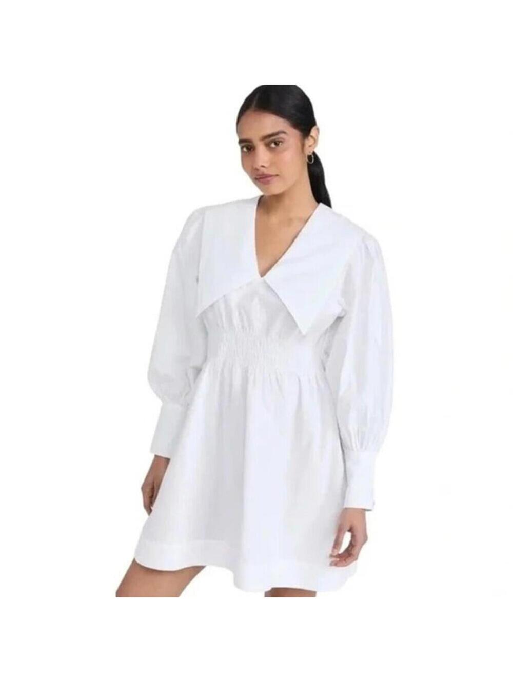 GANNI Poplin Collar Mini Dress White Size 42 IT 6 US NWT Puff Sleeve